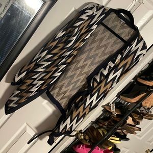 Tan, white and navy blue cardigan